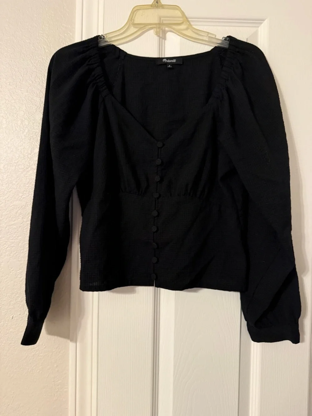 Madewell Black Button-Front Puff Sleeve Blouse - Smocked Back